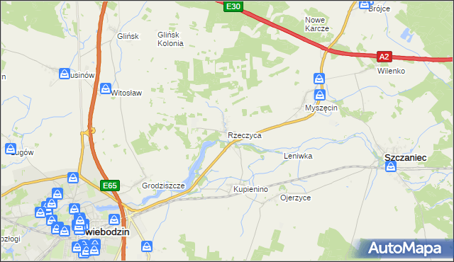 mapa Rzeczyca gmina Świebodzin, Rzeczyca gmina Świebodzin na mapie Targeo