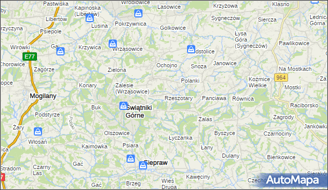 mapa Rzeszotary gmina Świątniki Górne, Rzeszotary gmina Świątniki Górne na mapie Targeo