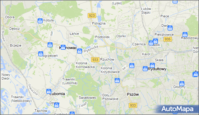 mapa Rzuchów gmina Kornowac, Rzuchów gmina Kornowac na mapie Targeo