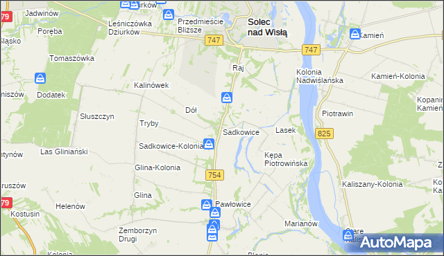 mapa Sadkowice gmina Solec nad Wisłą, Sadkowice gmina Solec nad Wisłą na mapie Targeo