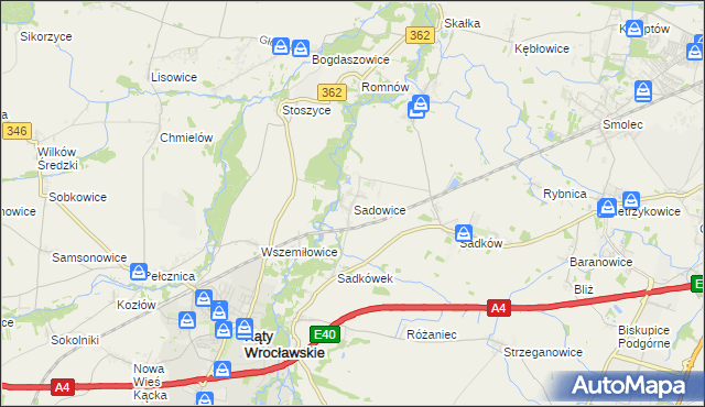 mapa Sadowice gmina Kąty Wrocławskie, Sadowice gmina Kąty Wrocławskie na mapie Targeo