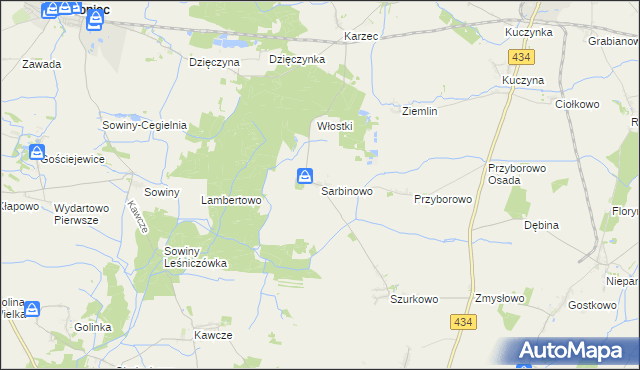 mapa Sarbinowo gmina Poniec, Sarbinowo gmina Poniec na mapie Targeo