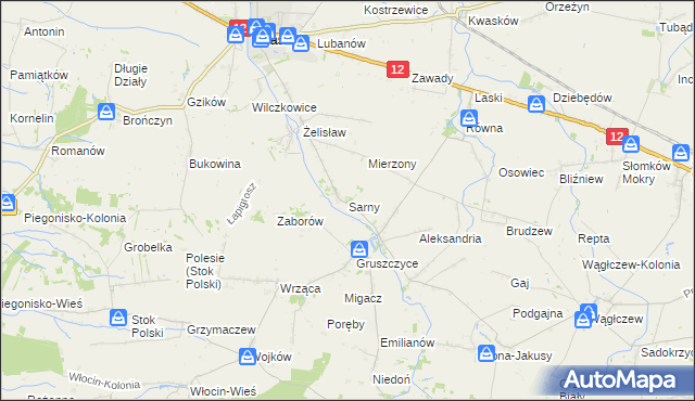 mapa Sarny gmina Błaszki, Sarny gmina Błaszki na mapie Targeo