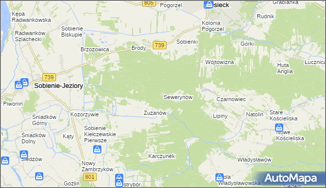 mapa Sewerynów gmina Sobienie-Jeziory, Sewerynów gmina Sobienie-Jeziory na mapie Targeo