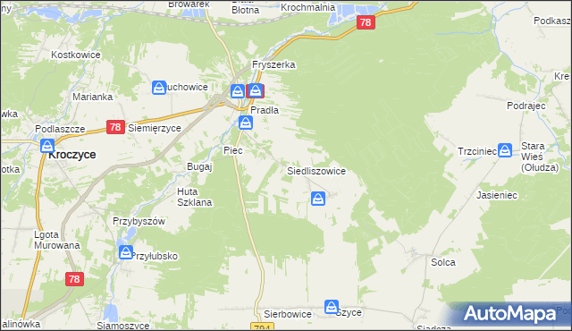 mapa Siedliszowice gmina Kroczyce, Siedliszowice gmina Kroczyce na mapie Targeo