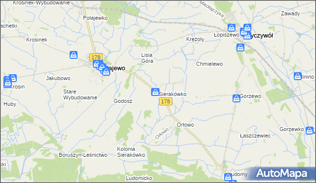 mapa Sierakówko gmina Połajewo, Sierakówko gmina Połajewo na mapie Targeo