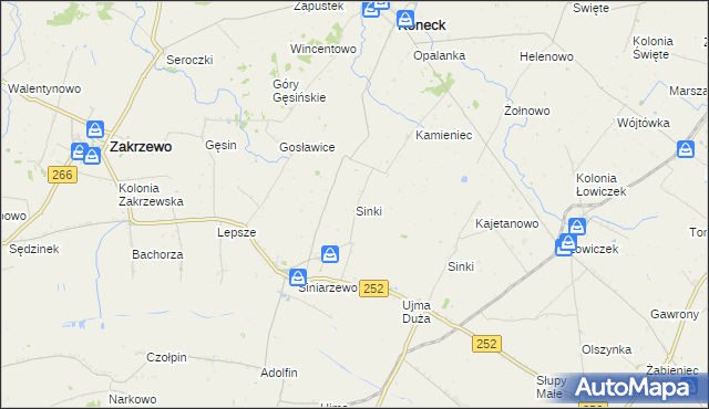 mapa Sinki gmina Zakrzewo, Sinki gmina Zakrzewo na mapie Targeo
