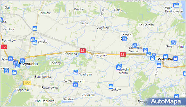 mapa Skrzynno gmina Wieniawa, Skrzynno gmina Wieniawa na mapie Targeo