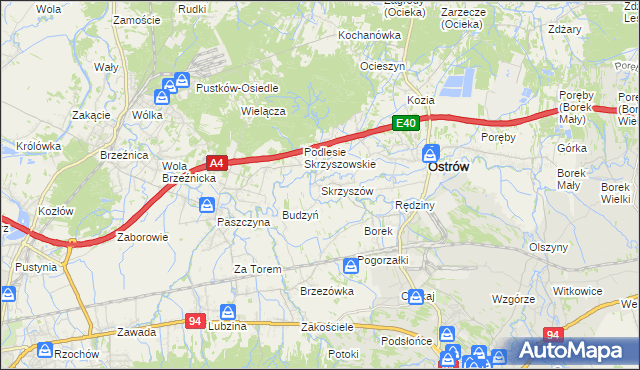 mapa Skrzyszów gmina Ostrów, Skrzyszów gmina Ostrów na mapie Targeo
