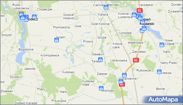 mapa Sławęcin gmina Lubień Kujawski, Sławęcin gmina Lubień Kujawski na mapie Targeo