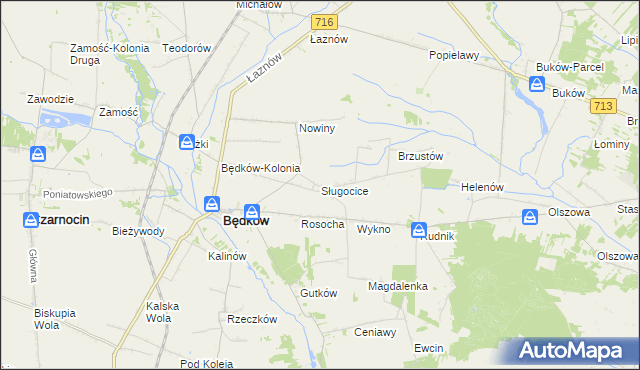 mapa Sługocice gmina Będków, Sługocice gmina Będków na mapie Targeo