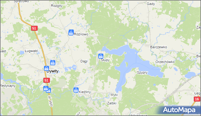 mapa Słupy gmina Dywity, Słupy gmina Dywity na mapie Targeo