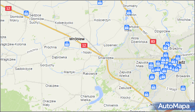 mapa Smardzew gmina Wróblew, Smardzew gmina Wróblew na mapie Targeo