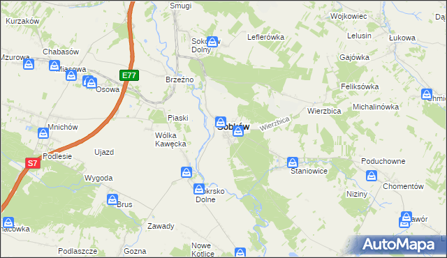 mapa Sobków powiat jędrzejowski, Sobków powiat jędrzejowski na mapie Targeo