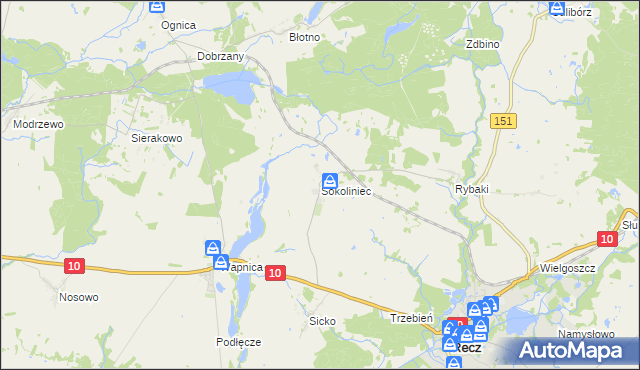 mapa Sokoliniec gmina Recz, Sokoliniec gmina Recz na mapie Targeo