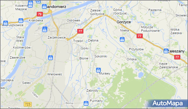 mapa Sokolniki gmina Gorzyce, Sokolniki gmina Gorzyce na mapie Targeo