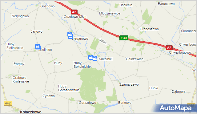 mapa Sokolniki gmina Kołaczkowo, Sokolniki gmina Kołaczkowo na mapie Targeo