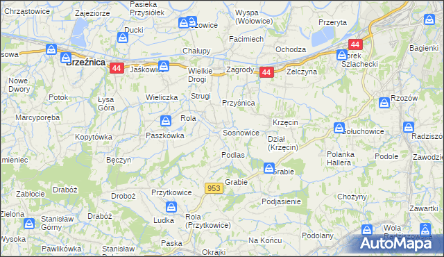 mapa Sosnowice gmina Brzeźnica, Sosnowice gmina Brzeźnica na mapie Targeo