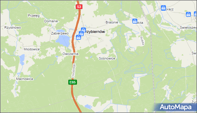 mapa Sosnowice gmina Przybiernów, Sosnowice gmina Przybiernów na mapie Targeo