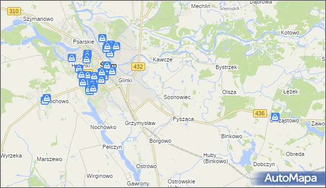 mapa Sosnowiec gmina Śrem, Sosnowiec gmina Śrem na mapie Targeo