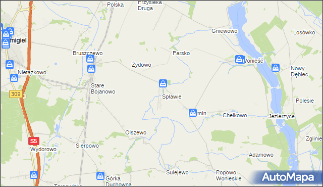 mapa Spławie gmina Śmigiel, Spławie gmina Śmigiel na mapie Targeo