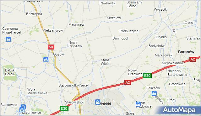 mapa Stara Wieś gmina Wiskitki, Stara Wieś gmina Wiskitki na mapie Targeo