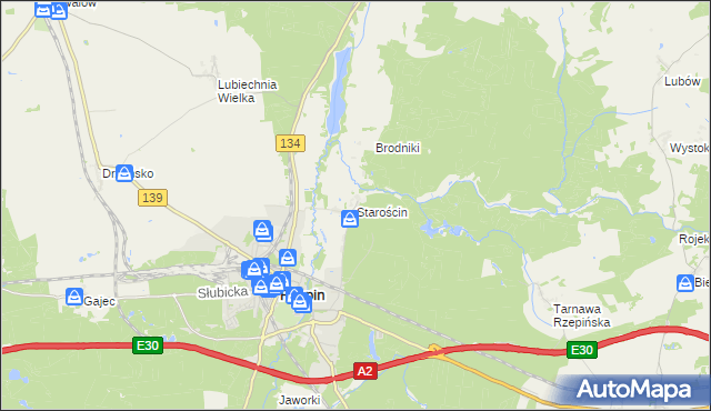 mapa Starościn gmina Rzepin, Starościn gmina Rzepin na mapie Targeo