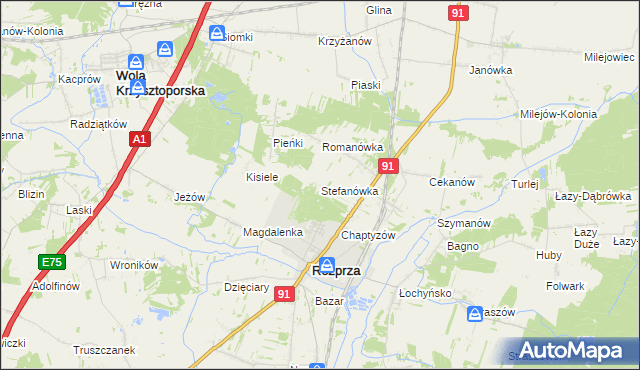 mapa Stefanówka gmina Rozprza, Stefanówka gmina Rozprza na mapie Targeo