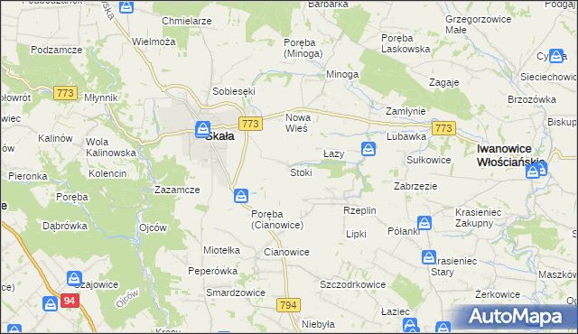 mapa Stoki gmina Skała, Stoki gmina Skała na mapie Targeo