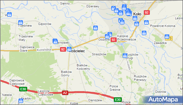 mapa Straszków gmina Kościelec, Straszków gmina Kościelec na mapie Targeo