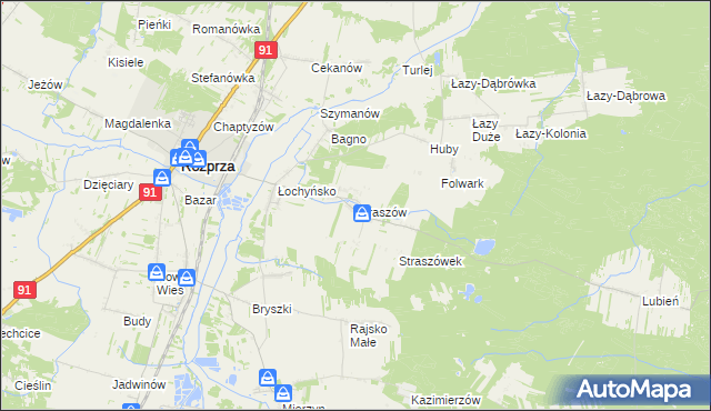 mapa Straszów gmina Rozprza, Straszów gmina Rozprza na mapie Targeo