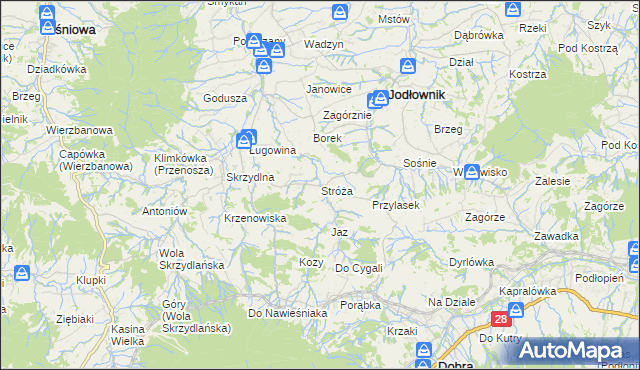 mapa Stróża gmina Dobra, Stróża gmina Dobra na mapie Targeo