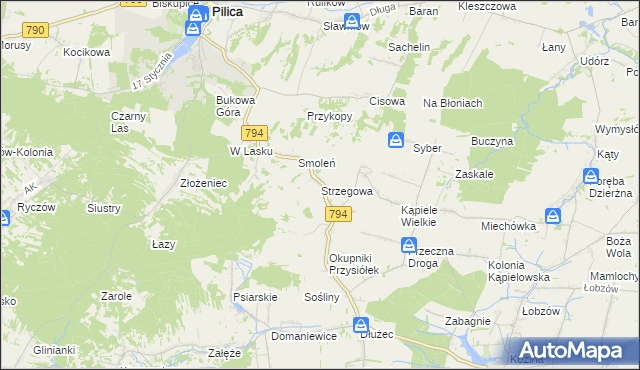 mapa Strzegowa gmina Wolbrom, Strzegowa gmina Wolbrom na mapie Targeo