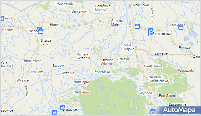 mapa Strzelce Wielkie gmina Szczurowa, Strzelce Wielkie gmina Szczurowa na mapie Targeo