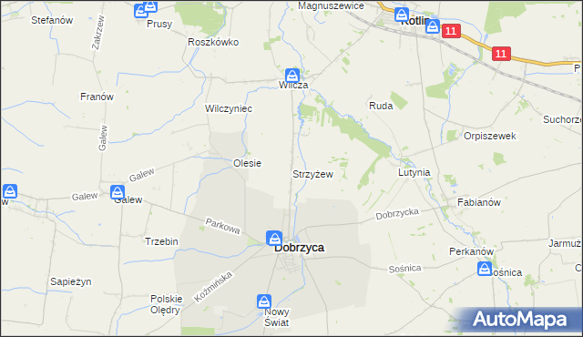mapa Strzyżew gmina Dobrzyca, Strzyżew gmina Dobrzyca na mapie Targeo