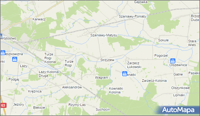mapa Strzyżew gmina Łuków, Strzyżew gmina Łuków na mapie Targeo