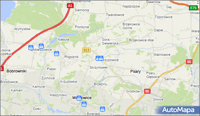 mapa Strzyżowice gmina Psary, Strzyżowice gmina Psary na mapie Targeo