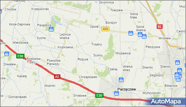 mapa Sulimy gmina Parzęczew, Sulimy gmina Parzęczew na mapie Targeo