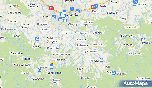 mapa Sułkowice gmina Andrychów, Sułkowice gmina Andrychów na mapie Targeo