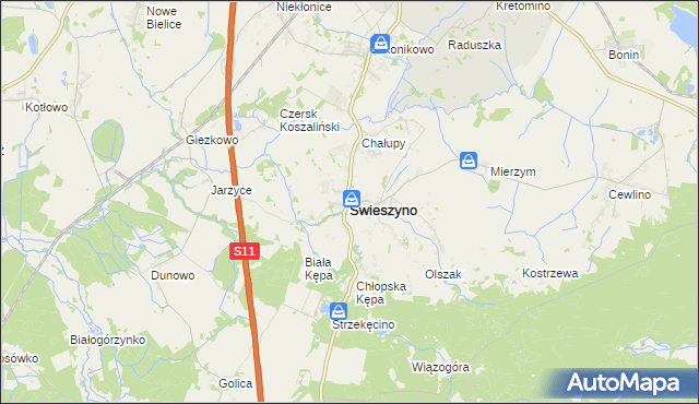 mapa Świeszyno powiat koszaliński, Świeszyno powiat koszaliński na mapie Targeo