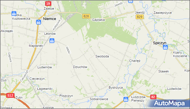 mapa Swoboda gmina Niemce, Swoboda gmina Niemce na mapie Targeo