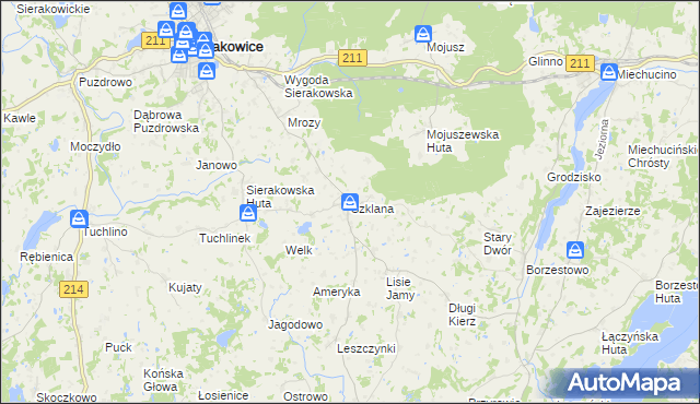 mapa Szklana gmina Sierakowice, Szklana gmina Sierakowice na mapie Targeo