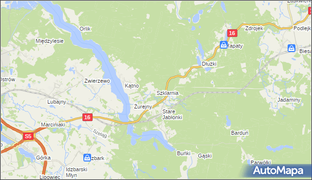 mapa Szklarnia gmina Ostróda, Szklarnia gmina Ostróda na mapie Targeo