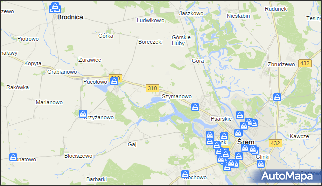 mapa Szymanowo gmina Śrem, Szymanowo gmina Śrem na mapie Targeo