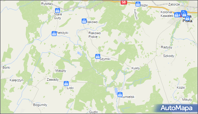 mapa Szymki gmina Biała Piska, Szymki gmina Biała Piska na mapie Targeo