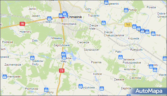 mapa Szyszczyce gmina Chmielnik, Szyszczyce gmina Chmielnik na mapie Targeo