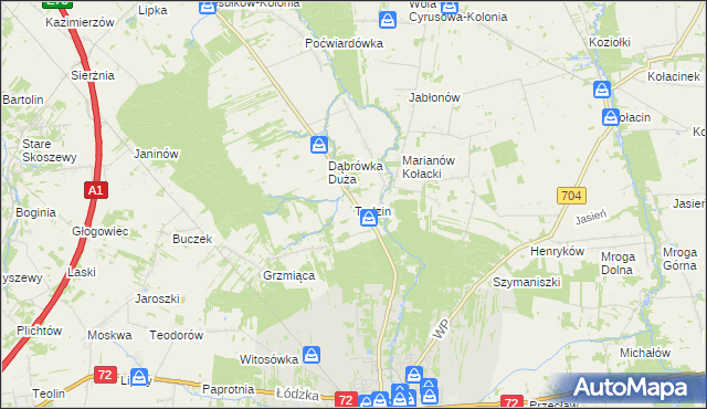 mapa Tadzin gmina Brzeziny, Tadzin gmina Brzeziny na mapie Targeo