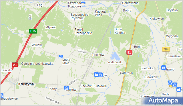 mapa Teklinów gmina Kruszyna, Teklinów gmina Kruszyna na mapie Targeo