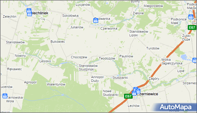 mapa Teodozjów gmina Czerniewice, Teodozjów gmina Czerniewice na mapie Targeo