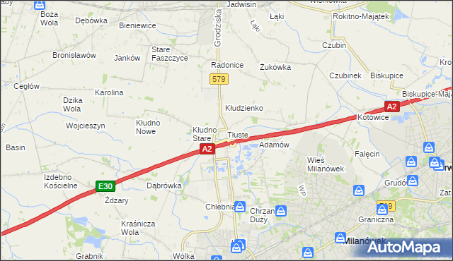 mapa Tłuste gmina Grodzisk Mazowiecki, Tłuste gmina Grodzisk Mazowiecki na mapie Targeo